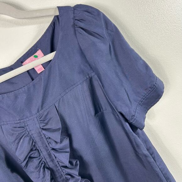 Lilly Pulitzer Navy Blue Ruffle Blouse 100% Silk Short Sleeved Size 0 - Picture 3 of 7